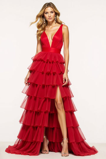 Red A-Line Deep V Neck Ruffled Tulle Long Formal Dress with Slit